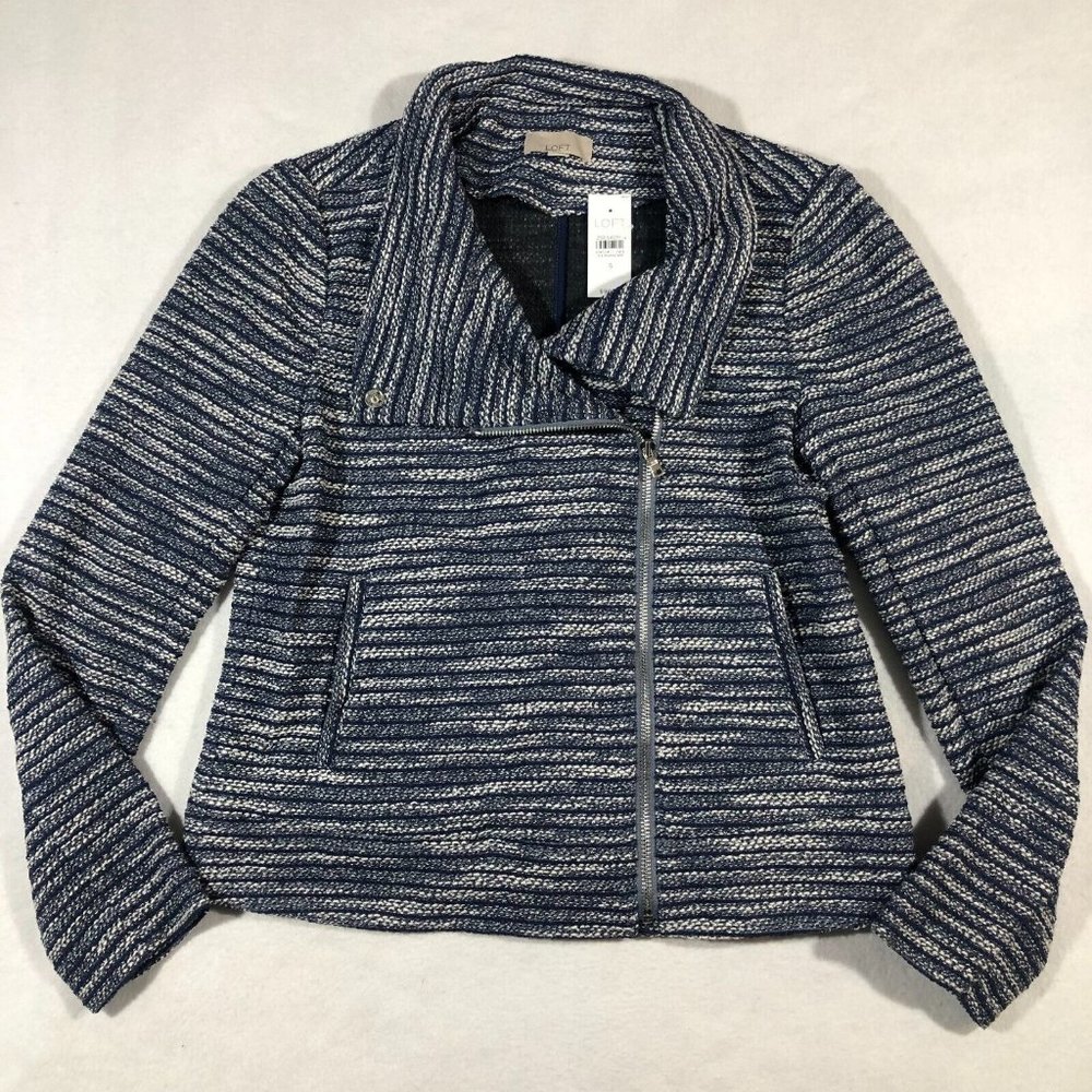 NEW LOFT Womens Small Moto Style Boucle Asymmetrical Zip Jacket Blue NWT $98